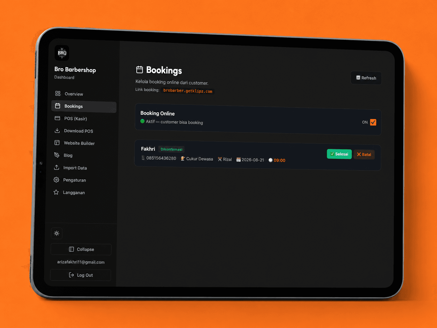 Konfirmasi booking sukses Klipz