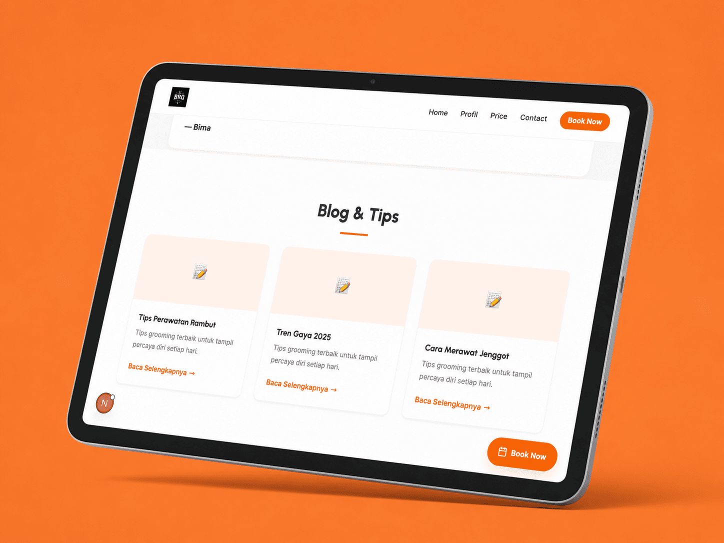 Tampilan menu layanan dan portofolio barbershop Klipz